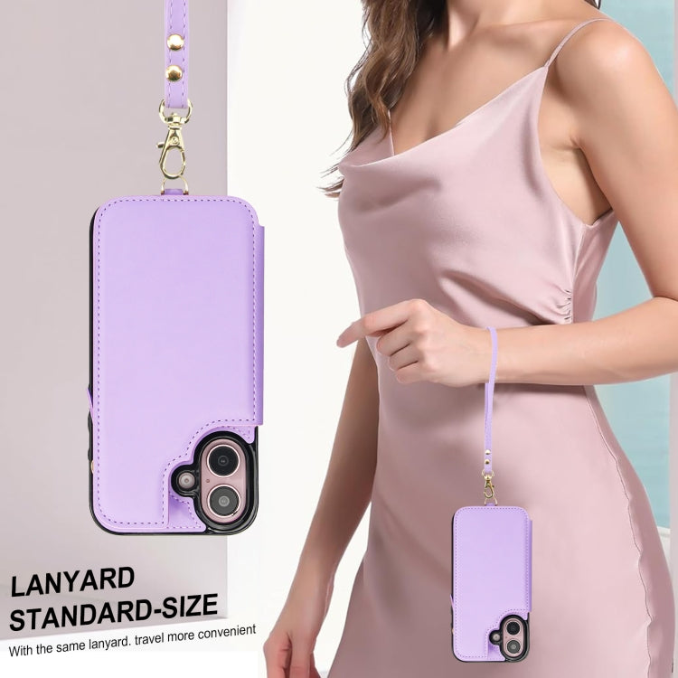 For iPhone 16 Plus Double Flap Zipper RFID Leather Phone Case with Short Lanyard(Light Purple) - iPhone 16 Plus Cases by buy2fix | Online Shopping UK | buy2fix