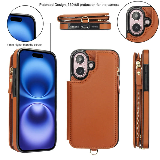 For iPhone 16 Plus Double Flap Zipper RFID Leather Phone Case with Short Lanyard(Brown) - iPhone 16 Plus Cases by buy2fix | Online Shopping UK | buy2fix