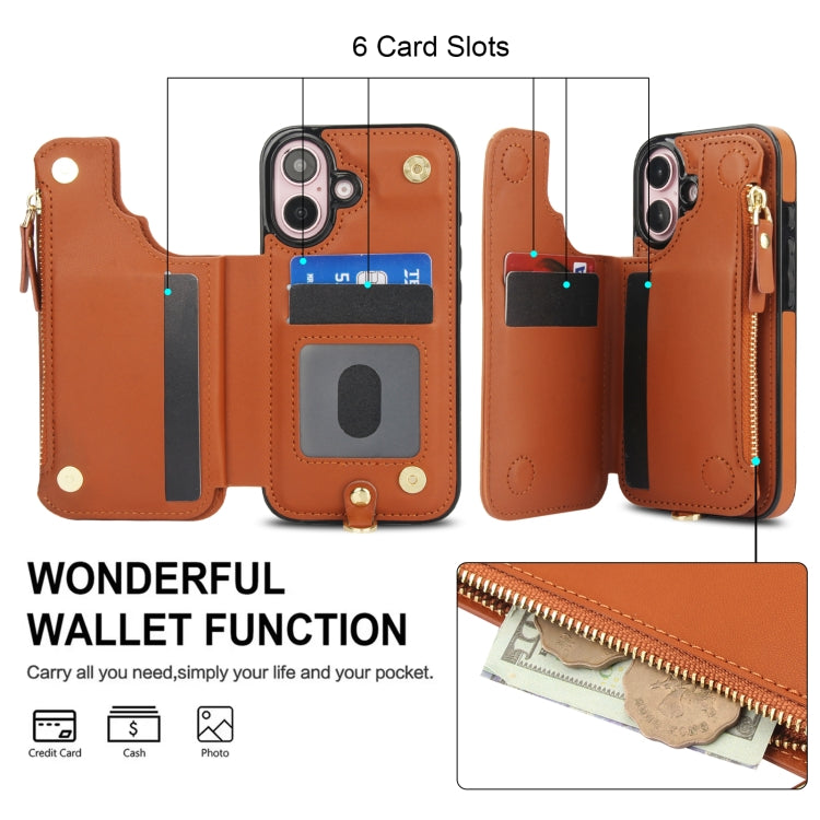 For iPhone 16 Plus Double Flap Zipper RFID Leather Phone Case with Short Lanyard(Brown) - iPhone 16 Plus Cases by buy2fix | Online Shopping UK | buy2fix