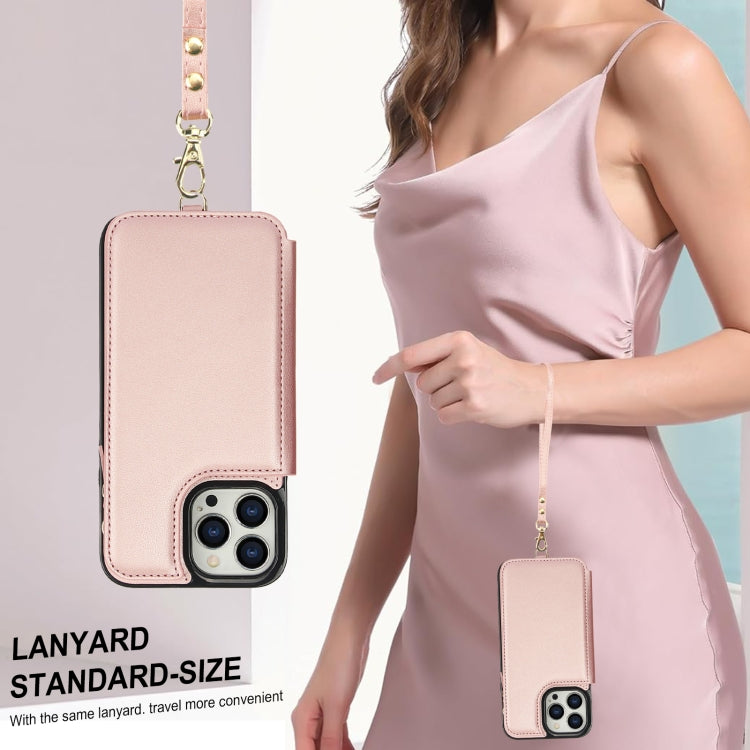 For iPhone 15 Pro Max Double Flap Zipper RFID Leather Phone Case with Short Lanyard(Rose Gold) - iPhone 15 Pro Max Cases by buy2fix | Online Shopping UK | buy2fix