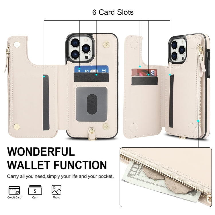 For iPhone 15 Pro Double Flap Zipper RFID Leather Phone Case with Short Lanyard(White) - iPhone 15 Pro Cases by buy2fix | Online Shopping UK | buy2fix