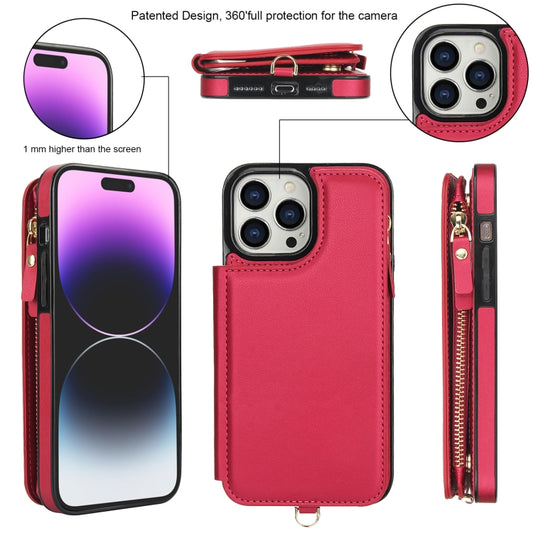 For iPhone 15 Pro Double Flap Zipper RFID Leather Phone Case with Short Lanyard(Red) - iPhone 15 Pro Cases by buy2fix | Online Shopping UK | buy2fix