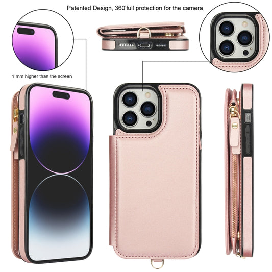 For iPhone 15 Pro Double Flap Zipper RFID Leather Phone Case with Short Lanyard(Rose Gold) - iPhone 15 Pro Cases by buy2fix | Online Shopping UK | buy2fix