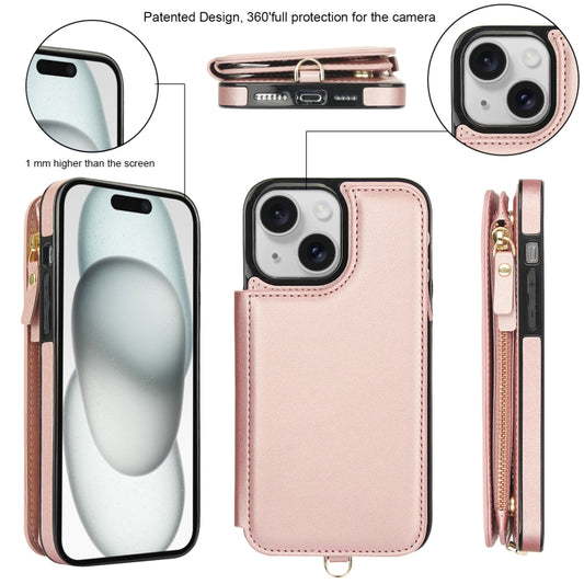 For iPhone 15 Plus Double Flap Zipper RFID Leather Phone Case with Short Lanyard(Rose Gold) - iPhone 15 Plus Cases by buy2fix | Online Shopping UK | buy2fix