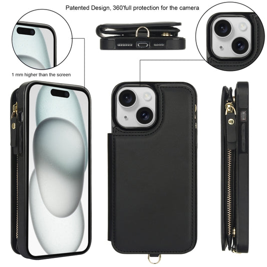 For iPhone 15 Double Flap Zipper RFID Leather Phone Case with Short Lanyard(Black) - iPhone 15 Cases by buy2fix | Online Shopping UK | buy2fix