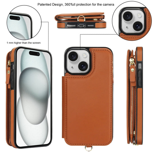 For iPhone 15 Double Flap Zipper RFID Leather Phone Case with Short Lanyard(Brown) - iPhone 15 Cases by buy2fix | Online Shopping UK | buy2fix