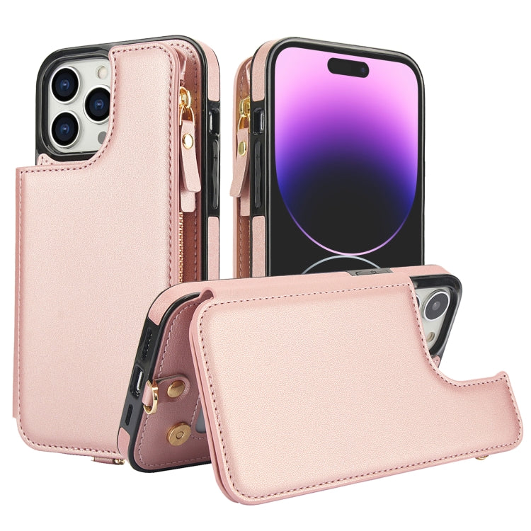 For iPhone 14 Pro Max Double Flap Zipper RFID Leather Phone Case with Short Lanyard(Rose Gold) - iPhone 14 Pro Max Cases by buy2fix | Online Shopping UK | buy2fix