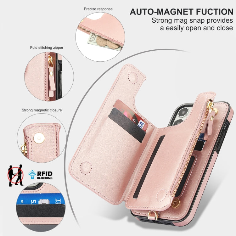 For iPhone 14 Pro Max Double Flap Zipper RFID Leather Phone Case with Short Lanyard(Rose Gold) - iPhone 14 Pro Max Cases by buy2fix | Online Shopping UK | buy2fix