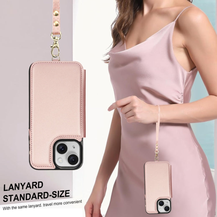 For iPhone 13 mini Double Flap Zipper RFID Leather Phone Case with Short Lanyard(Rose Gold) - iPhone 13 mini Cases by buy2fix | Online Shopping UK | buy2fix