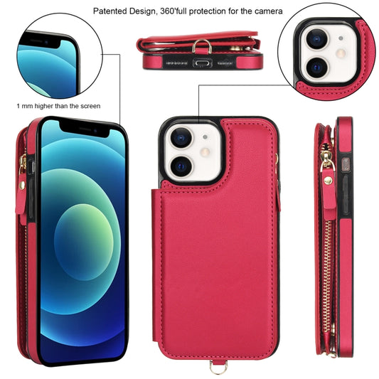 For iPhone 12 Double Flap Zipper RFID Leather Phone Case with Short Lanyard(Red) - iPhone 12 / 12 Pro Cases by buy2fix | Online Shopping UK | buy2fix
