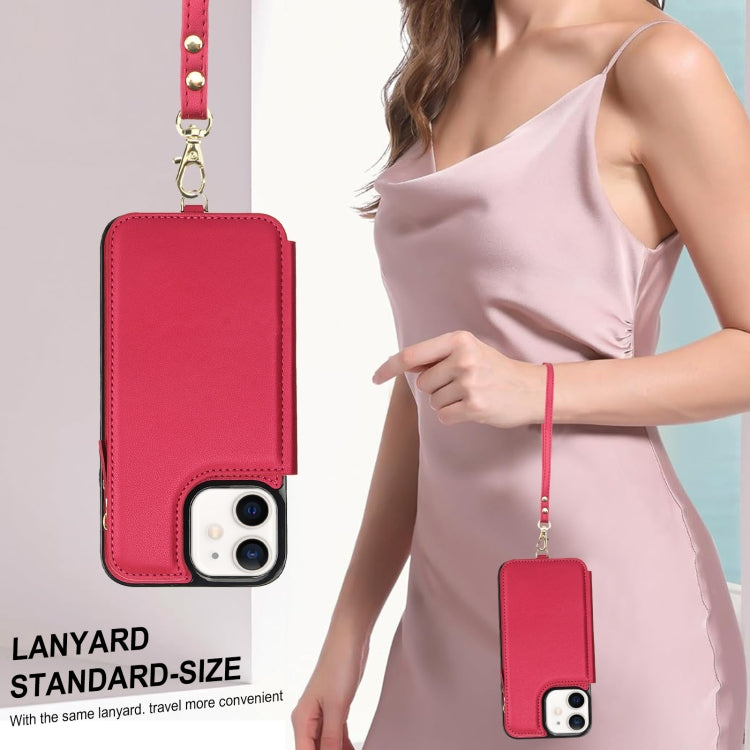 For iPhone 12 Double Flap Zipper RFID Leather Phone Case with Short Lanyard(Red) - iPhone 12 / 12 Pro Cases by buy2fix | Online Shopping UK | buy2fix