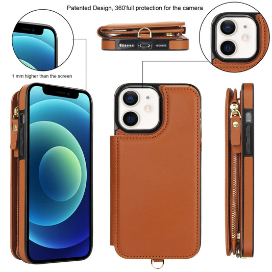 For iPhone 12 Double Flap Zipper RFID Leather Phone Case with Short Lanyard(Brown) - iPhone 12 / 12 Pro Cases by buy2fix | Online Shopping UK | buy2fix