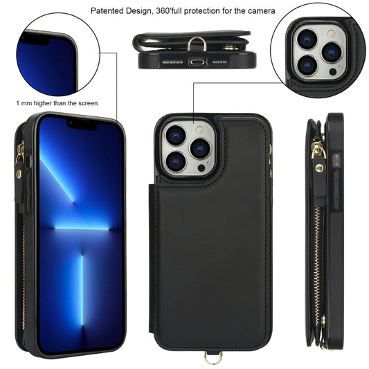 For iPhone 12 Pro Double Flap Zipper RFID Leather Phone Case with Short Lanyard(Black) - iPhone 12 / 12 Pro Cases by buy2fix | Online Shopping UK | buy2fix