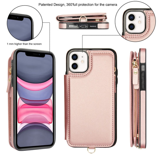 For iPhone 11 Pro Max Double Flap Zipper RFID Leather Phone Case with Short Lanyard(Rose Gold) - iPhone 11 Pro Max Cases by buy2fix | Online Shopping UK | buy2fix