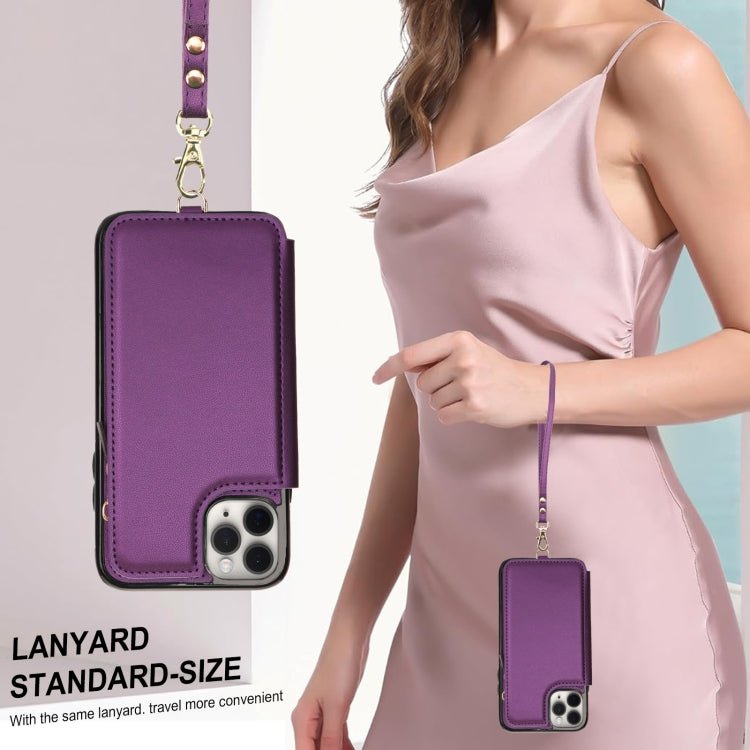 For iPhone 11 Pro Double Flap Zipper RFID Leather Phone Case with Short Lanyard(Dark Purple) - iPhone 11 Pro Cases by buy2fix | Online Shopping UK | buy2fix
