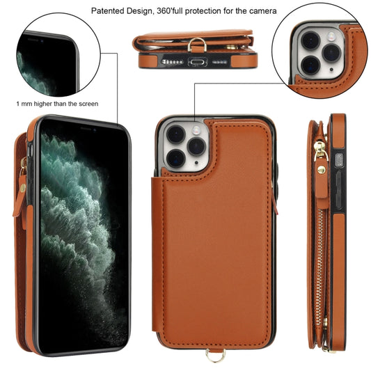 For iPhone 11 Pro Double Flap Zipper RFID Leather Phone Case with Short Lanyard(Brown) - iPhone 11 Pro Cases by buy2fix | Online Shopping UK | buy2fix