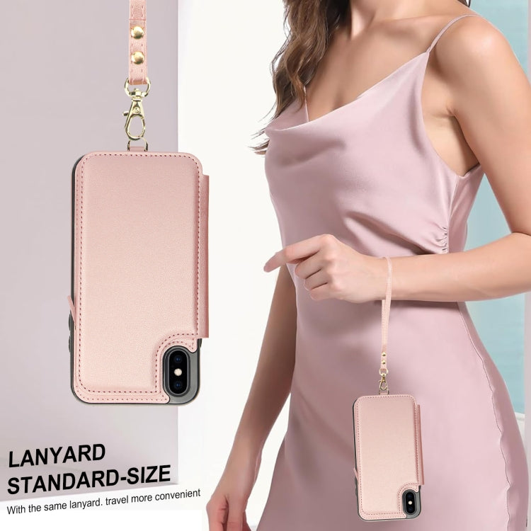 For iPhone XS Max Double Flap Zipper RFID Leather Phone Case with Short Lanyard(Rose Gold) - More iPhone Cases by buy2fix | Online Shopping UK | buy2fix