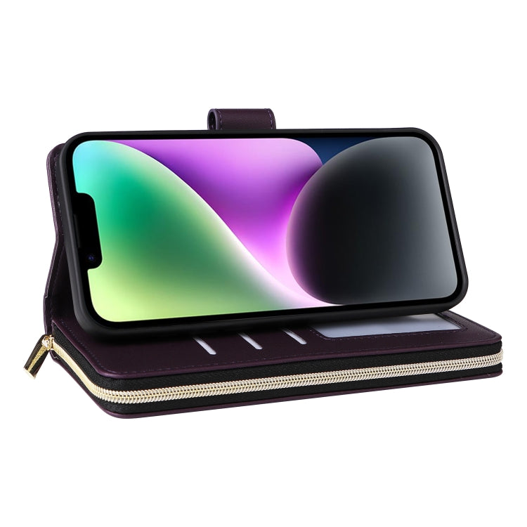 For iPhone 14 / 13 Nine-card Slots Zipper Wallet Bag Leather Phone Case(Dark Purple) - iPhone 14 Cases by buy2fix | Online Shopping UK | buy2fix