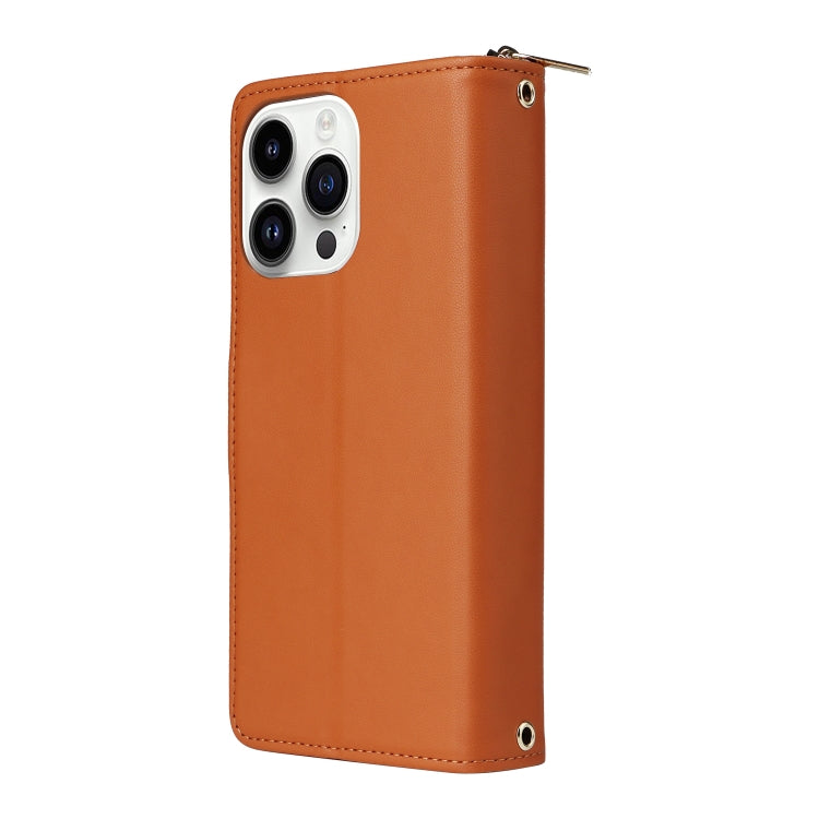 For iPhone 14 Pro Nine-card Slots Zipper Wallet Bag Leather Phone Case(Brown) - iPhone 14 Pro Cases by buy2fix | Online Shopping UK | buy2fix