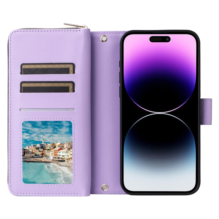 For iPhone 14 Pro Max Nine-card Slots Zipper Wallet Bag Leather Phone Case(Light Purple) - iPhone 14 Pro Max Cases by buy2fix | Online Shopping UK | buy2fix