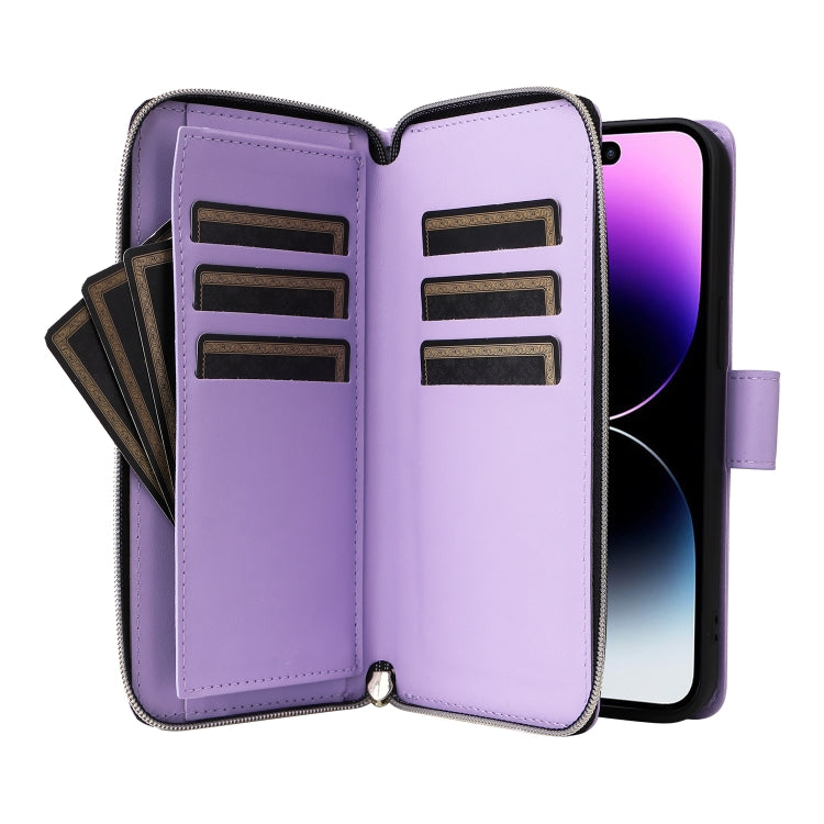 For iPhone 14 Pro Max Nine-card Slots Zipper Wallet Bag Leather Phone Case(Light Purple) - iPhone 14 Pro Max Cases by buy2fix | Online Shopping UK | buy2fix