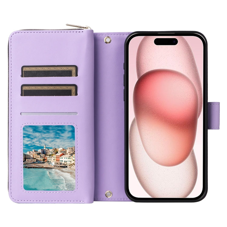 For iPhone 15 Nine-card Slots Zipper Wallet Bag Leather Phone Case(Light Purple) - iPhone 15 Cases by buy2fix | Online Shopping UK | buy2fix