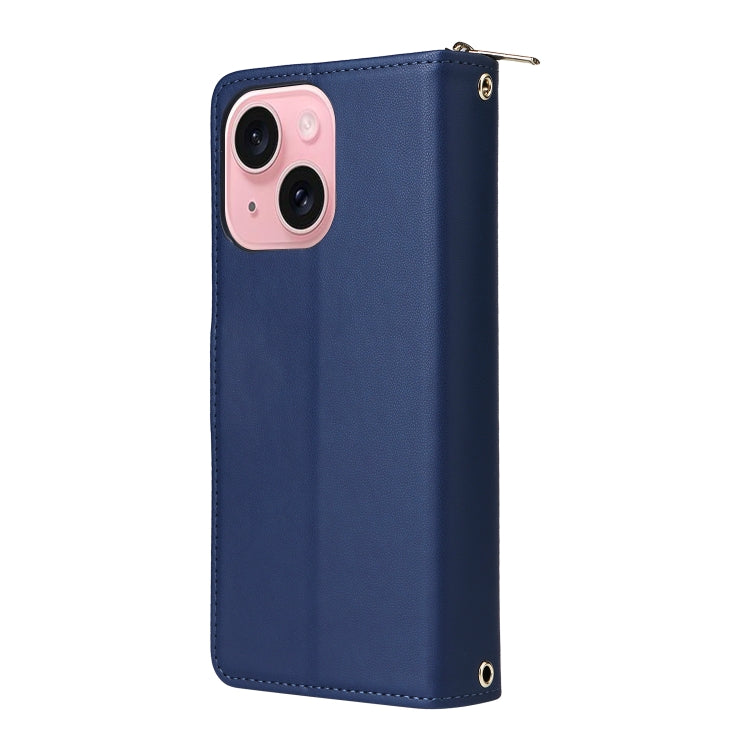 For iPhone 15 Nine-card Slots Zipper Wallet Bag Leather Phone Case(Blue) - iPhone 15 Cases by buy2fix | Online Shopping UK | buy2fix
