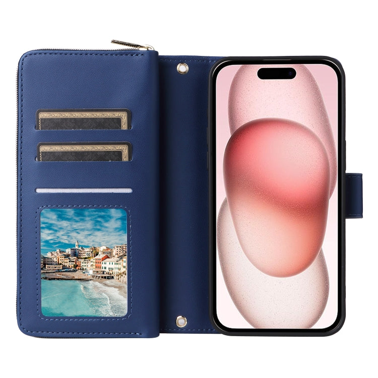 For iPhone 15 Nine-card Slots Zipper Wallet Bag Leather Phone Case(Blue) - iPhone 15 Cases by buy2fix | Online Shopping UK | buy2fix