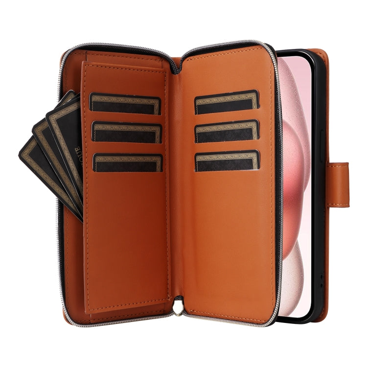 For iPhone 15 Nine-card Slots Zipper Wallet Bag Leather Phone Case(Brown) - iPhone 15 Cases by buy2fix | Online Shopping UK | buy2fix