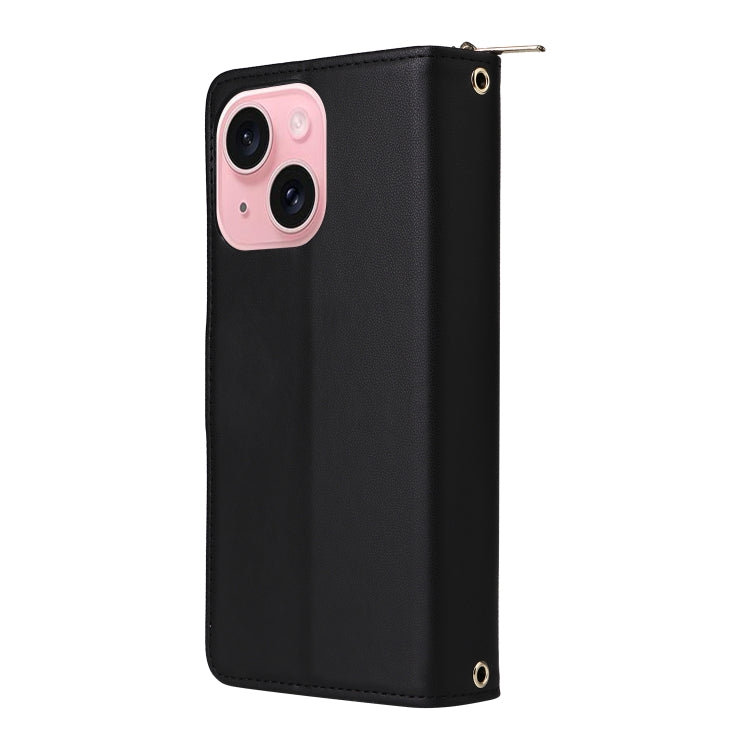 For iPhone 15 Nine-card Slots Zipper Wallet Bag Leather Phone Case(Black) - iPhone 15 Cases by buy2fix | Online Shopping UK | buy2fix