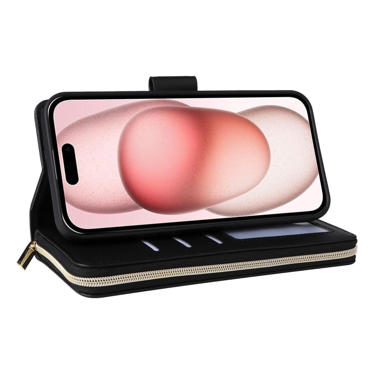 For iPhone 15 Nine-card Slots Zipper Wallet Bag Leather Phone Case(Black) - iPhone 15 Cases by buy2fix | Online Shopping UK | buy2fix