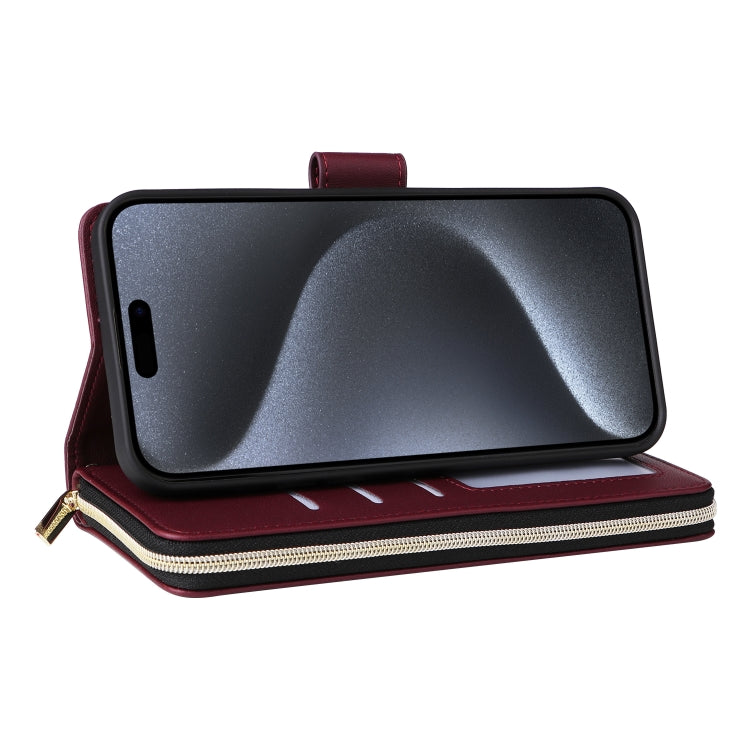 For iPhone 15 Pro Nine-card Slots Zipper Wallet Bag Leather Phone Case(Wine Red) - iPhone 15 Pro Cases by buy2fix | Online Shopping UK | buy2fix