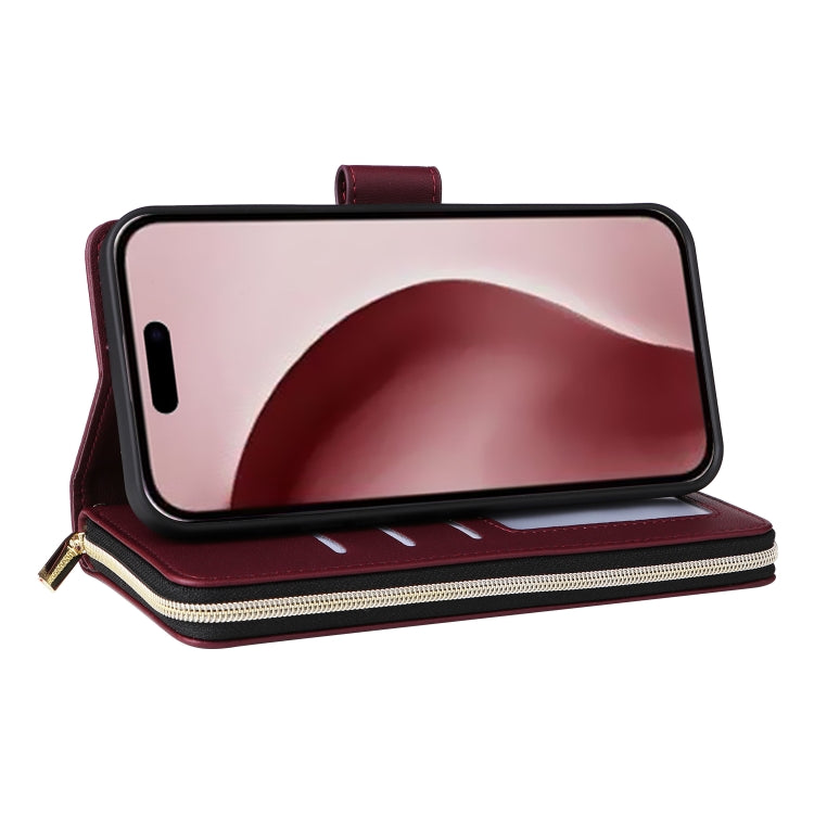 For iPhone 16 Pro Nine-card Slots Zipper Wallet Bag Leather Phone Case(Wine Red) - iPhone 16 Pro Cases by buy2fix | Online Shopping UK | buy2fix