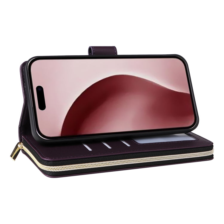 For iPhone 16 Pro Max Nine-card Slots Zipper Wallet Bag Leather Phone Case(Dark Purple) - iPhone 16 Pro Max Cases by buy2fix | Online Shopping UK | buy2fix