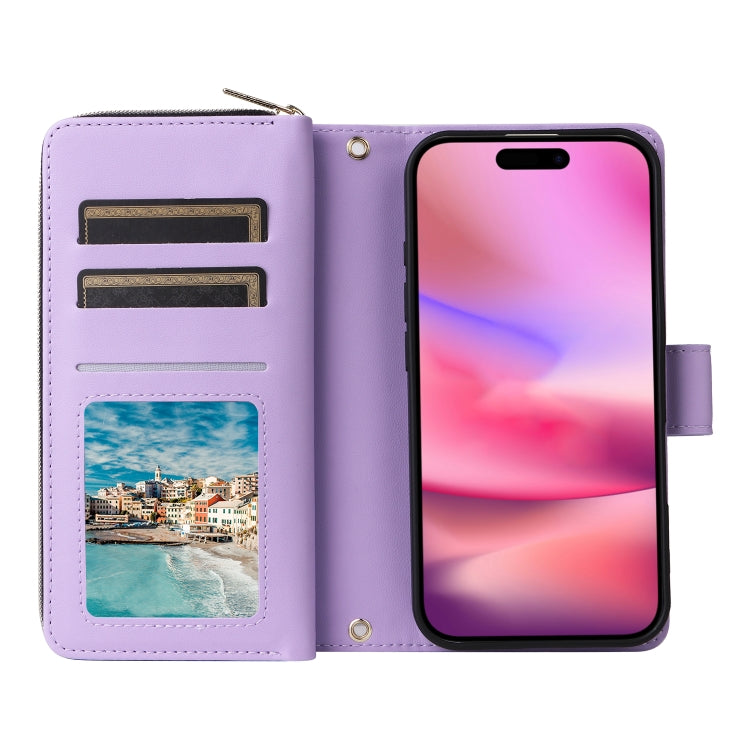 For iPhone 16 Nine-card Slots Zipper Wallet Bag Leather Phone Case(Light Purple) - iPhone 16 Cases by buy2fix | Online Shopping UK | buy2fix