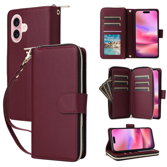 For iPhone 16 Nine-card Slots Zipper Wallet Bag Leather Phone Case(Wine Red) - iPhone 16 Cases by buy2fix | Online Shopping UK | buy2fix