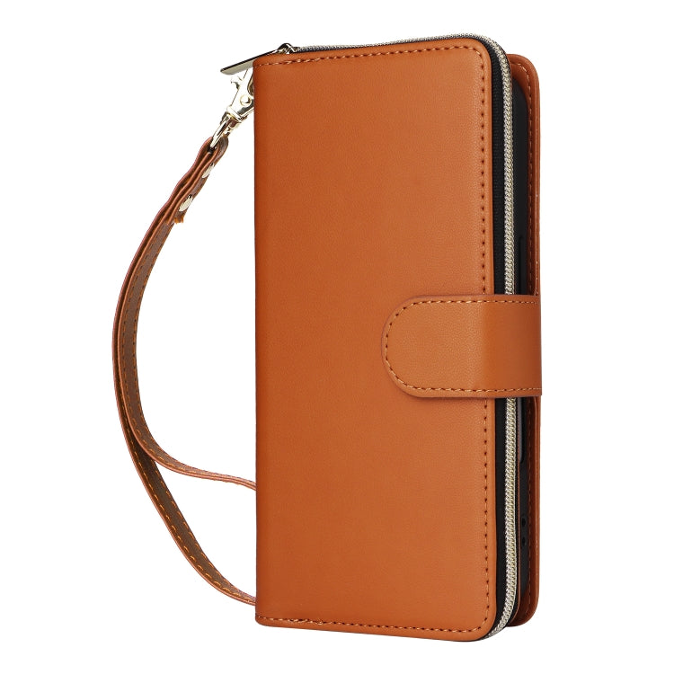 For iPhone 16 Nine-card Slots Zipper Wallet Bag Leather Phone Case(Brown) - iPhone 16 Cases by buy2fix | Online Shopping UK | buy2fix