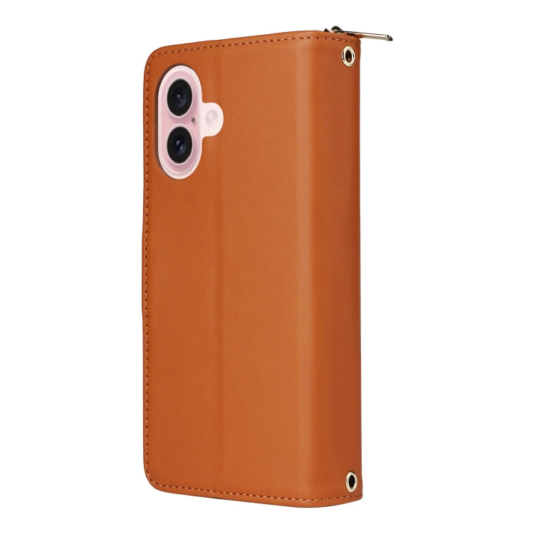 For iPhone 16 Nine-card Slots Zipper Wallet Bag Leather Phone Case(Brown) - iPhone 16 Cases by buy2fix | Online Shopping UK | buy2fix