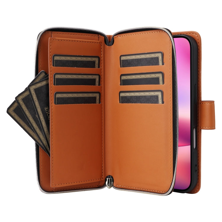 For iPhone 16 Nine-card Slots Zipper Wallet Bag Leather Phone Case(Brown) - iPhone 16 Cases by buy2fix | Online Shopping UK | buy2fix