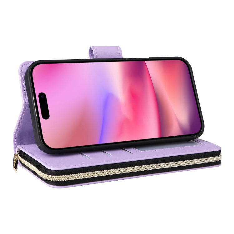 For iPhone 16 Plus Nine-card Slots Zipper Wallet Bag Leather Phone Case(Light Purple) - iPhone 16 Plus Cases by buy2fix | Online Shopping UK | buy2fix