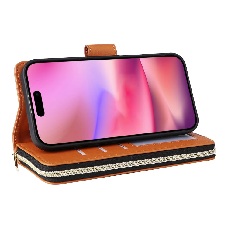 For iPhone 16 Plus Nine-card Slots Zipper Wallet Bag Leather Phone Case(Brown) - iPhone 16 Plus Cases by buy2fix | Online Shopping UK | buy2fix