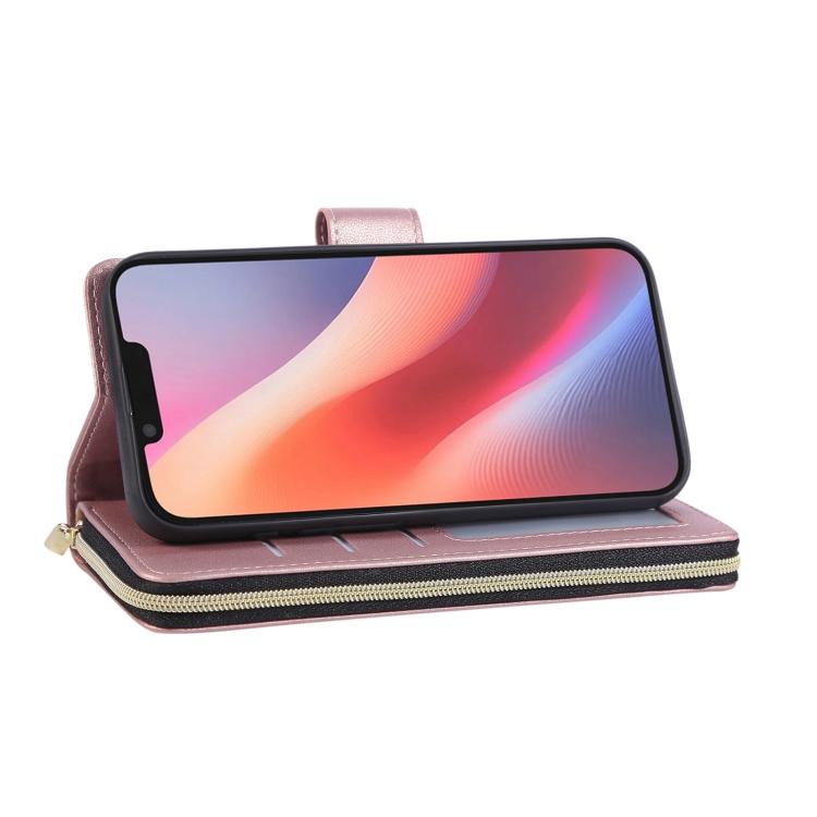 For iPhone 16e Nine-card Slots Zipper Wallet Bag Leather Phone Case(Rose Gold) - iPhone 16e Cases by buy2fix | Online Shopping UK | buy2fix