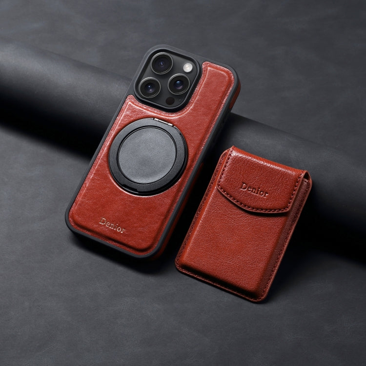 For iPhone 16 Pro Denior D22 Genuine Leather MagSafe Holder Detachable Card Slot Phone Case(Brown) by Denior