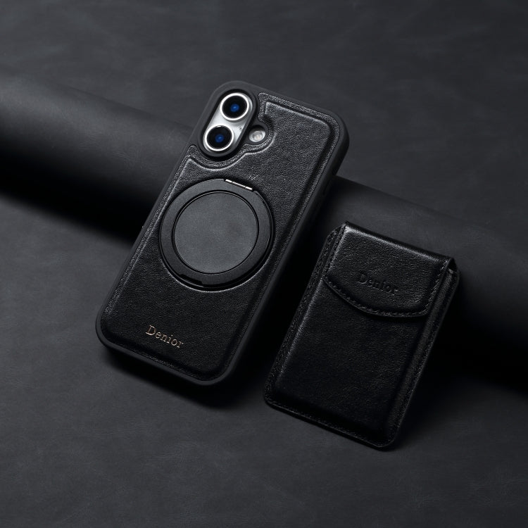 For iPhone 16 Plus Denior D22 Genuine Leather MagSafe Holder Detachable Card Slot Phone Case(Black) by Denior