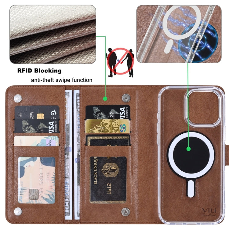 For iPhone 15 Pro Max ViLi GVS-C Series MagSafe Magnetic RFID Leather Flip Phone Case(Brown) - iPhone 15 Pro Max Cases by ViLi | Online Shopping UK | buy2fix