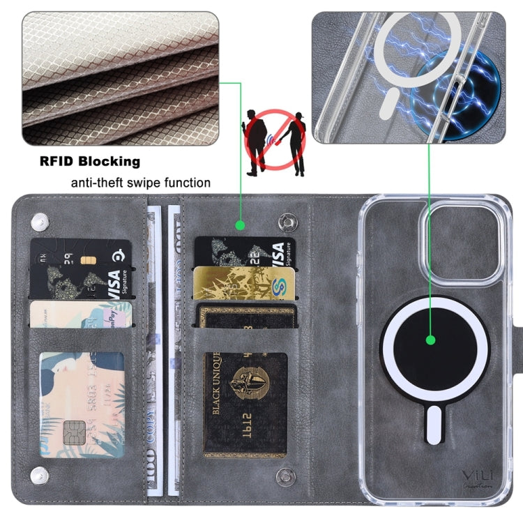 For iPhone 14 Pro Max ViLi GVS-C Series MagSafe Magnetic RFID Leather Flip Phone Case(Grey) - iPhone 14 Pro Max Cases by ViLi | Online Shopping UK | buy2fix