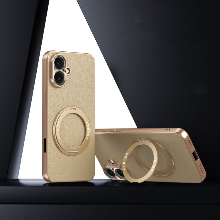 For iPhone 16 Plain Leather MagSafe Holder Phone Case(Gold) - iPhone 16 Cases by buy2fix | Online Shopping UK | buy2fix