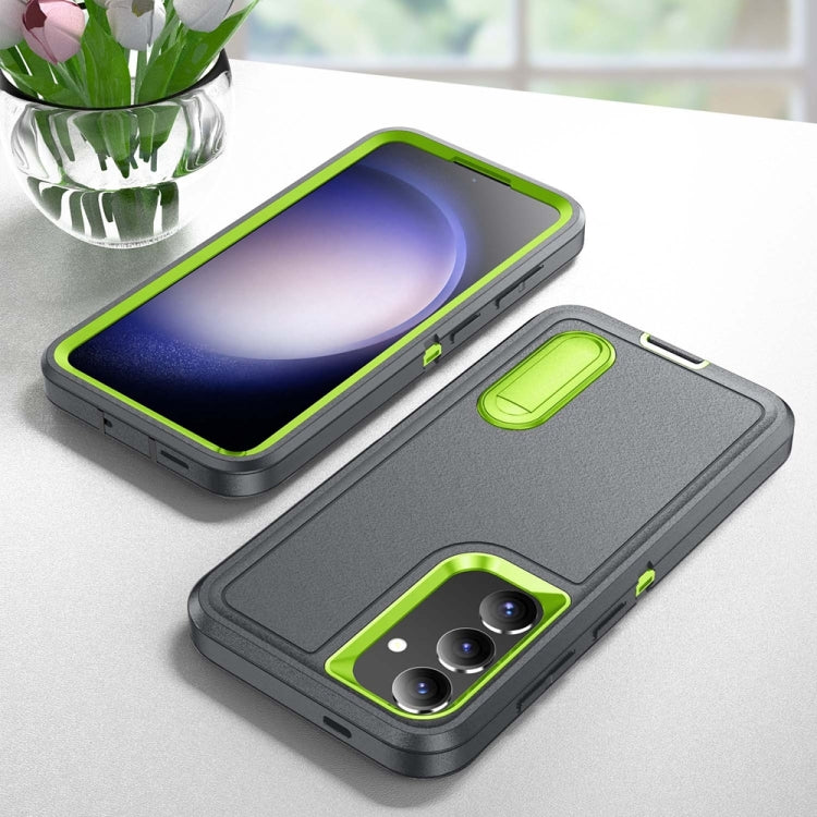 For Samsung Galaxy S24 / S25 5G Rugged PC Hybrid Silicone Phone Case with Holder(Grey+Fresh Green) by buy2fix