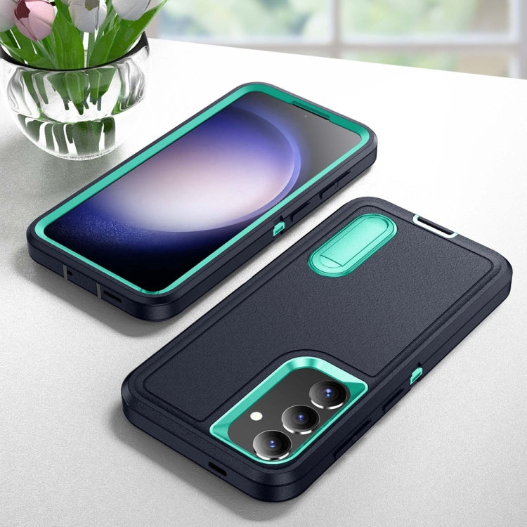 For Samsung Galaxy S24 / S25 5G Rugged PC Hybrid Silicone Phone Case with Holder(Dark Blue+Light Green) by buy2fix