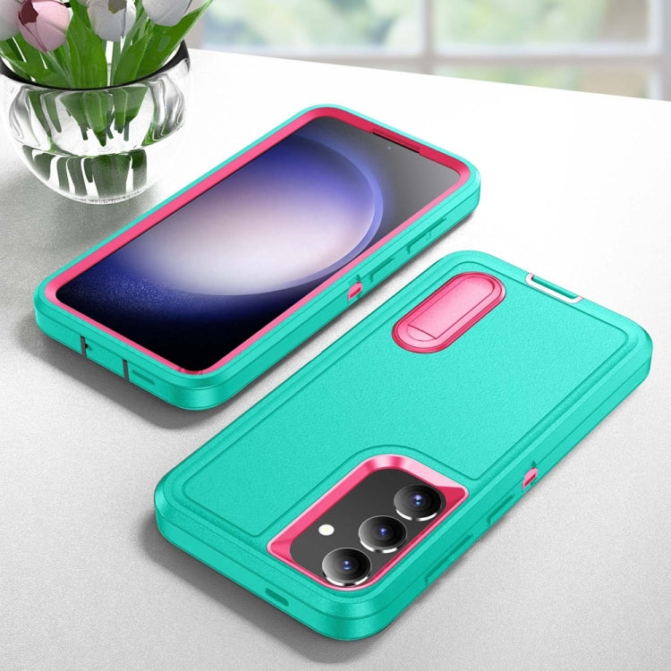 For Samsung Galaxy S24+ / S25+ 5G Rugged PC Hybrid Silicone Phone Case with Holder(Light Green+Rose Red) by buy2fix